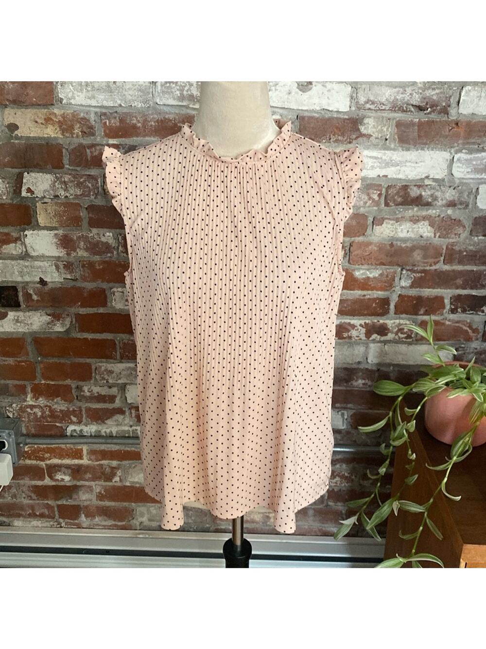 Andrianna Papell Pink with Black Polk Dot Ruffle Sleeve & Neck Short Sleeve Top